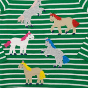 Mini Boden Girls Horse Patch Embroidery Green Stripe Long Sleeve Tops - Quality Brands Outlet