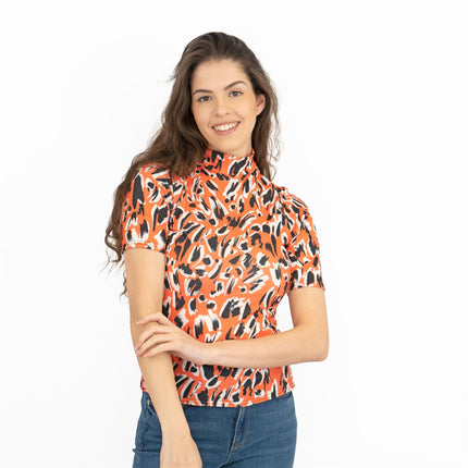 Karen Millen Orange Print Short Sleeve High Neck Tops-Quality Brands Outlet-