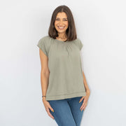 Short Sleeve Pleats Khaki Green Lace Details Relaxed Casual Summer Cotton Jersey Tops, Size 12