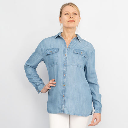 Blue Chambray Soft Linen Rich Long Sleeve Shirt Button-Up Tops-Quality Brands Outlet-