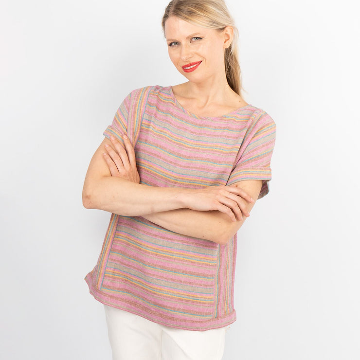 Pink Striped Short Sleeve Lightweight Linen Blend Relaxed Blouse Women&