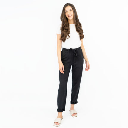 M&S Pure Cotton Tapered Ankle Grazer Elasticated Waist Black Trousers - Quality Brands Outlet