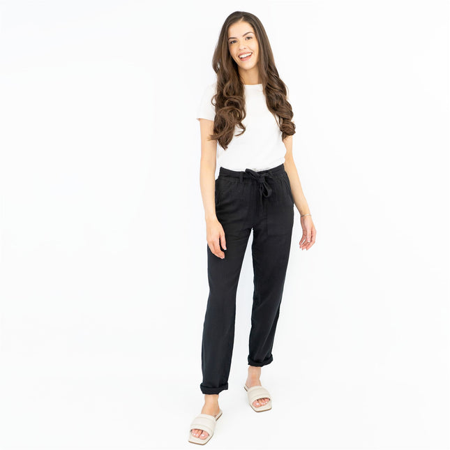 M&S Pure Cotton Tapered Ankle Grazer Elasticated Waist Black Trousers-Quality Brands Outlet-