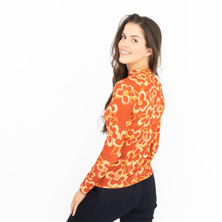 Nasty Gal Long Sleeve Retro Orange Floral High Neck Stretch Jersey Tops