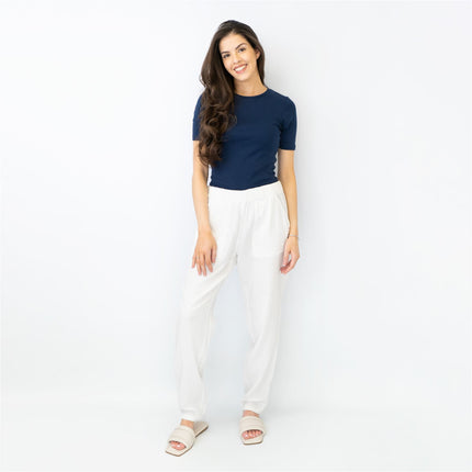 M&S Pure Cotton Tapered Ankle Grazer Elasticated Waist White Trousers-Quality Brands Outlet-