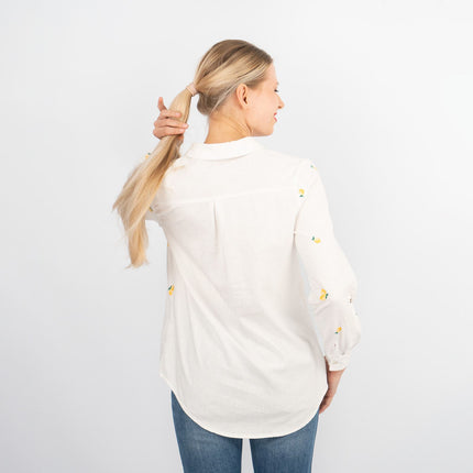 White Lemon Embroidery Linen Rich Long Sleeve Women's Shirts-Quality Brands Outlet-