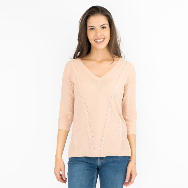 M&S Per Una Pink V-Neck Textured Fine Knit Cotton Mix 3/4 Sleeve Jumper-Quality Brands Outlet-