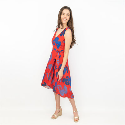 Phase Eight Sacha Red Floral Sleeveless Hi-Lo V-Neck Midi Dress - Quality Brands Outlet