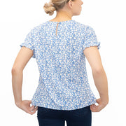 M&S Blue Floral Print Lightweight Blouse Frill Short Sleeve Round Neckline Tops - Quality Brands Outlet