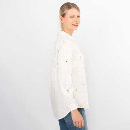 White Lemon Embroidery Linen Rich Long Sleeve Women's Shirts-Quality Brands Outlet-