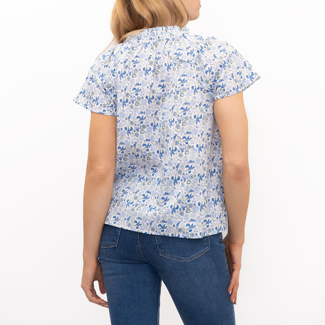 M&S Blue Floral Lightweight Textured Blouse Short Sleeve Tie Neck Tops-Quality Brands Outlet-