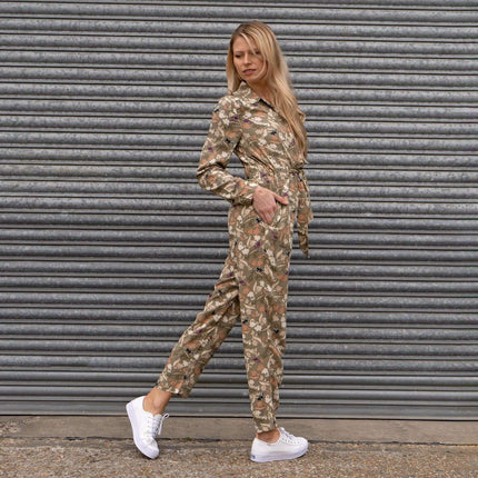 White Stuff Jocelyn Olive Green Floral Print Slim Leg Lightweight Cotton Jumpsuit with Belt