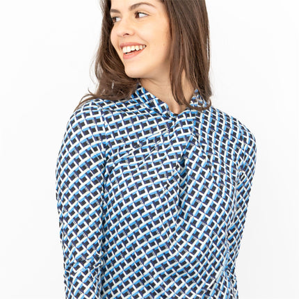 Karen Millen Blue Geometric Print KM Logo Short Sleeve Tops-Quality Brands Outlet-