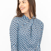 Karen Millen Blue Geometric Print KM Logo Short Sleeve Tops - Quality Brands Outlet