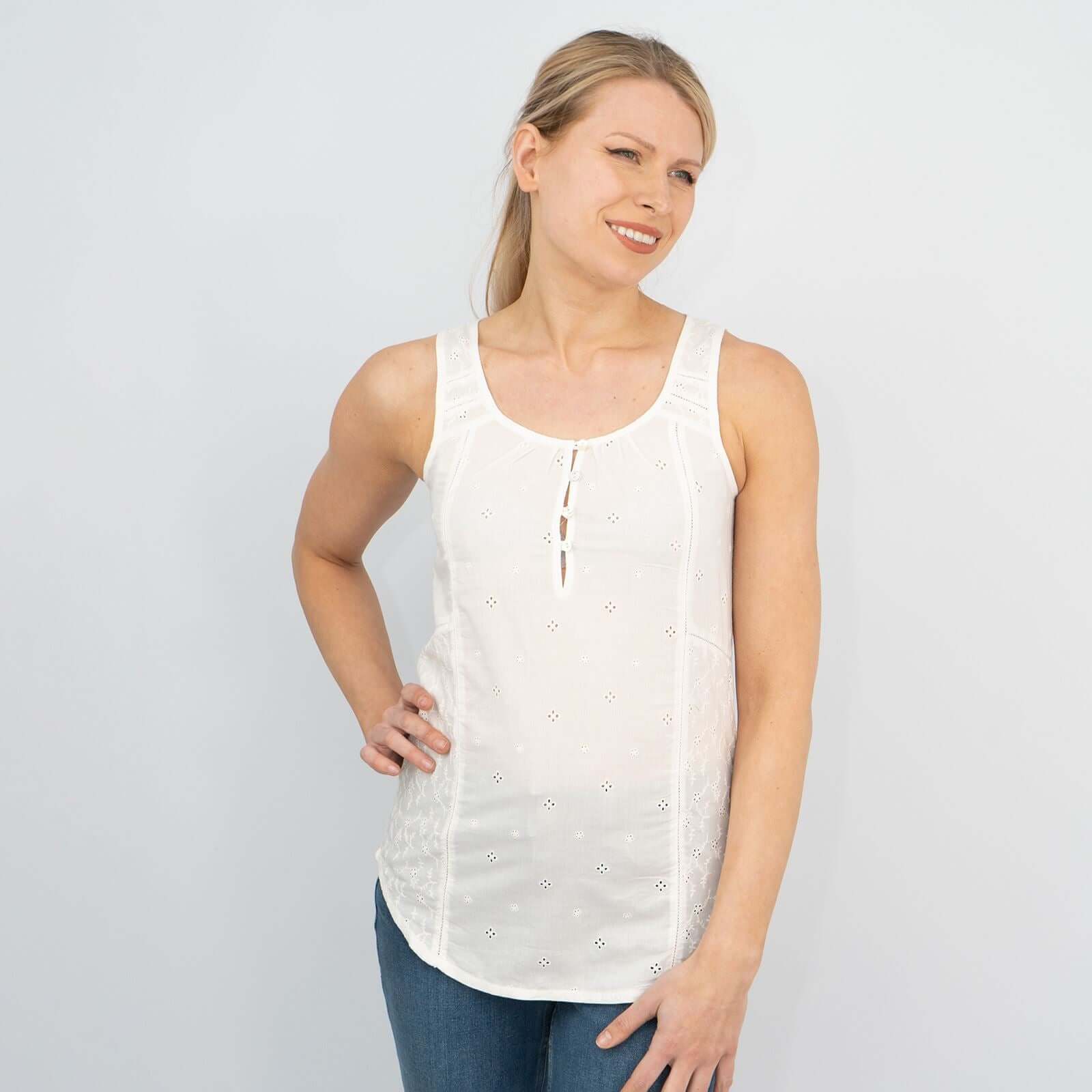 Womens White Sleeveless Lightweight Cotton Vests Floral Embroidery Cami  Tops – Quality Brands Outlet