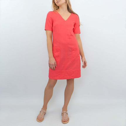 M&S Linen Blend Coral Red Short Sleeve Shift Dress-Quality Brands Outlet-