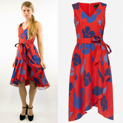 Phase Eight Sacha Red Floral Sleeveless Hi-Lo V-Neck Midi Dress - Quality Brands Outlet