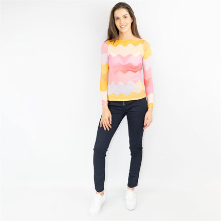 Coast Pink Chevron Print Long Sleeve Boat Neck Mesh Tops-Quality Brands Outlet-