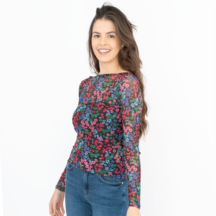 Karen Millen Black Floral Long Sleeve Boat Neck Mesh Tops-Quality Brands Outlet-