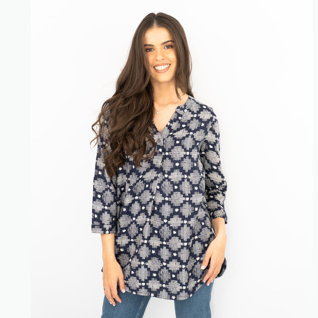 White Stuff Navy Geo Print 3/4 Sleeve Lightweight Relaxed Tunics-Quality Brands Outlet-