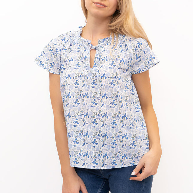 M&S Blue Floral Lightweight Textured Blouse Short Sleeve Tie Neck Tops-Quality Brands Outlet-
