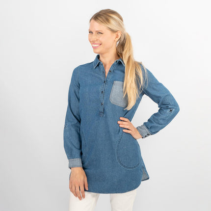 Blue Denim Long Sleeve Casual Tunic Longline Women's Shirts-Quality Brands Outlet-