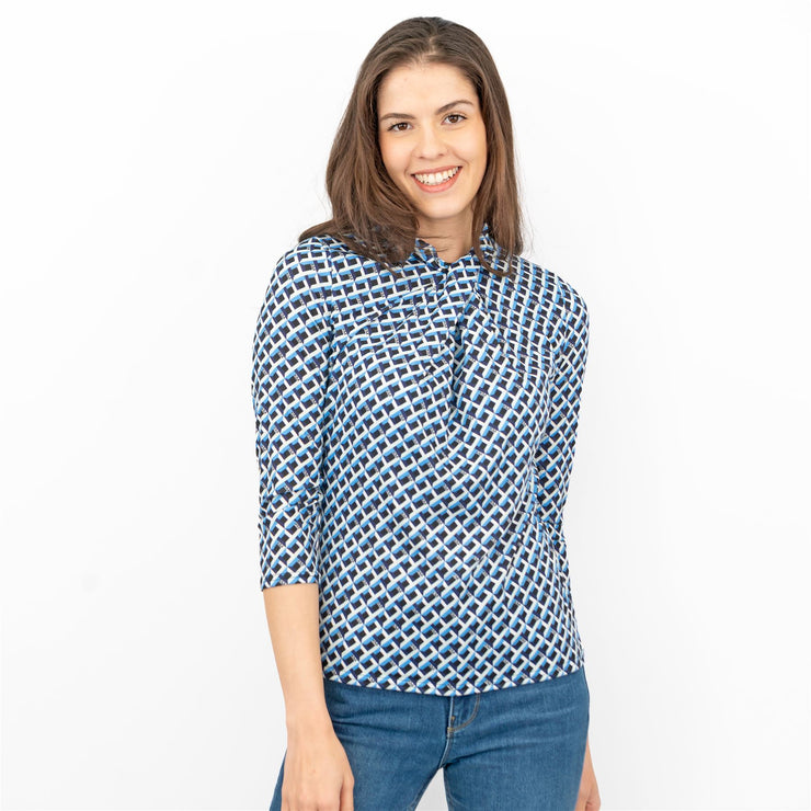 Karen Millen Blue Geometric Print KM Logo Short Sleeve Tops - Quality Brands Outlet