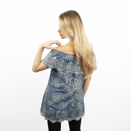 Blue Embroidered Off Shoulder Tunic Longline Women's Tops-Quality Brands Outlet-