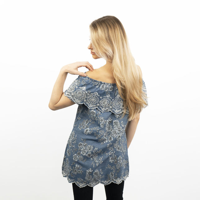 Blue Embroidered Off Shoulder Tunic Longline Women's Tops-Quality Brands Outlet-