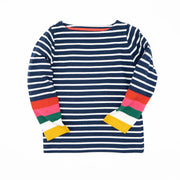 Mini Boden Girls Navy Stripe T-Shirt Rainbow Long Sleeve Tops - Quality Brands Outlet