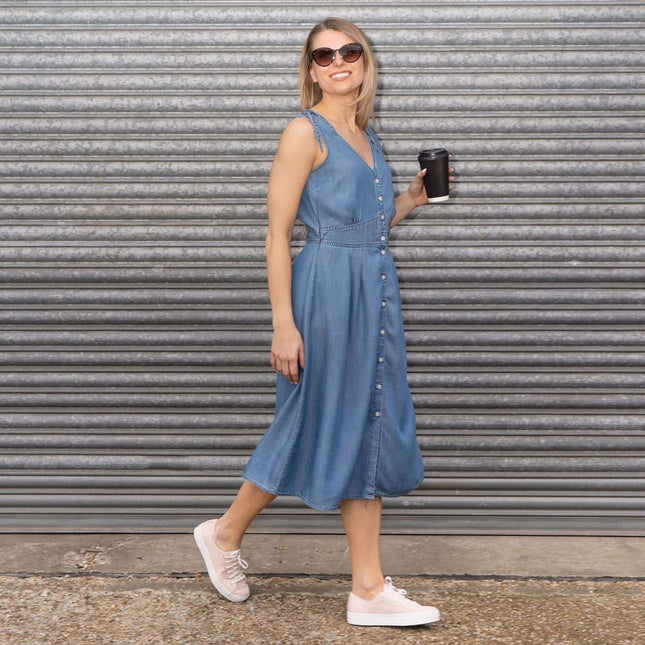 Next Blue Denim Button Sleeveless Midi Dress-Quality Brands Outlet-