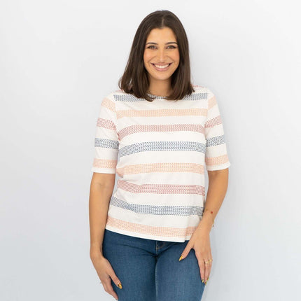 White Stuff Short Sleeve Boat Neck Embroidered Stripes White Soft Cotton Jersey Tops-Quality Brands Outlet-