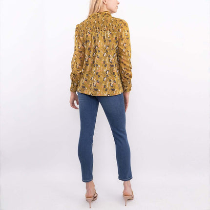 White Stuff Tamina Yellow Floral Print Long Sleeve Tine-Neck Tops-Quality Brands Outlet-
