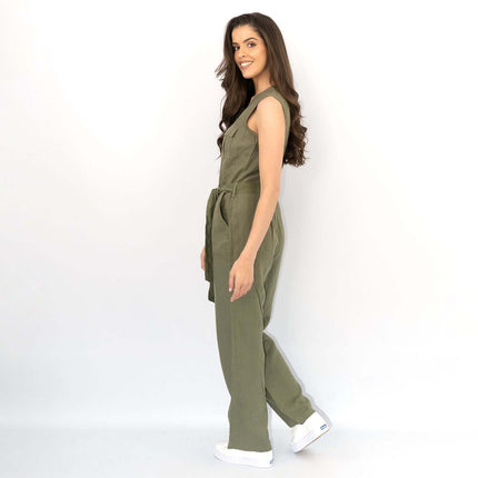 White Stuff Sleeveless Khaki Linen Wide Leg Summer Jumpsuit-Quality Brands Outlet-