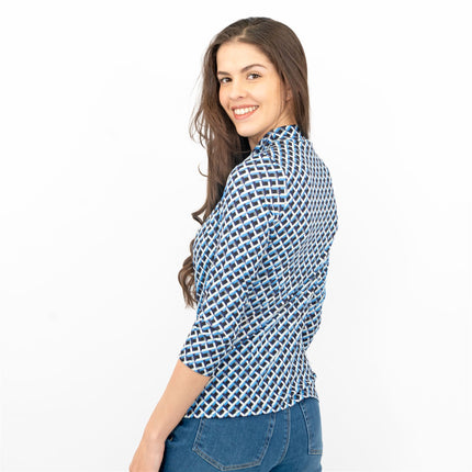 Karen Millen Blue Geometric Print KM Logo Short Sleeve Tops-Quality Brands Outlet-