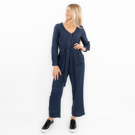 White Stuff Skyline Navy Blue Denim Long Sleeve Relaxed Leg Jumpsuit-Quality Brands Outlet-