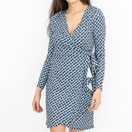 Karen Millen Blue Long Sleeve Jersey Geometric KM Logo Print Tie Wrap Dress-Quality Brands Outlet-