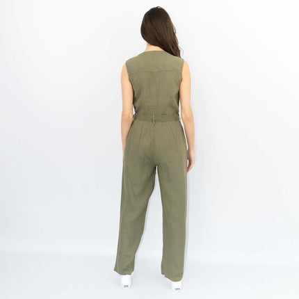 White Stuff Sleeveless Khaki Linen Wide Leg Summer Jumpsuit-Quality Brands Outlet-