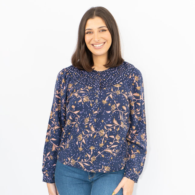 White Stuff Navy Phoebe Floral Print Shirts-Quality Brands Outlet-