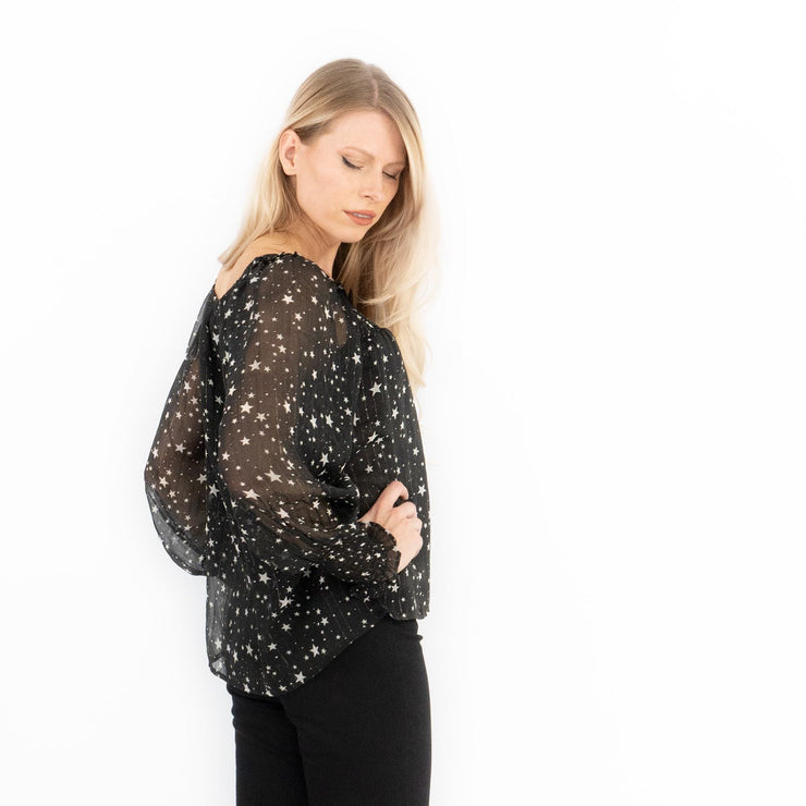 Next Black Silver Chiffon Star Foil Print Occasion Party Puff Sleeve Tops - Quality Brands Outlet