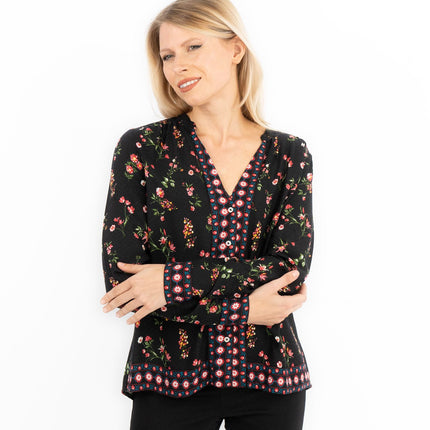 Black Floral Long Sleeve Relaxed Fit Shirts Button-Up Women's Tops-Quality Brands Outlet-