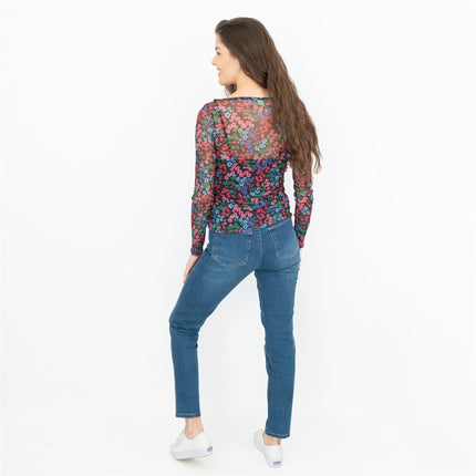 Karen Millen Black Floral Long Sleeve Boat Neck Mesh Tops-Quality Brands Outlet-