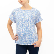 M&S Blue Floral Print Lightweight Blouse Frill Short Sleeve Round Neckline Tops