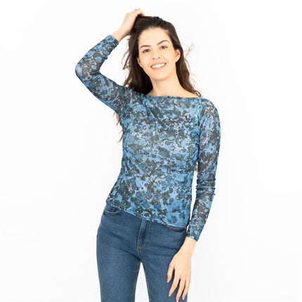 Coast Blue Floral Long Sleeve Boat Neck Mesh Tops-Quality Brands Outlet-