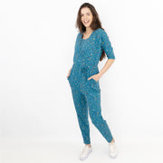 Frugi Bloom Teal Astro Print for Maternity and Nursing Short Sleeve Cross Wrap Soft Jersey Jumpsuits - Quality Brands Outlet