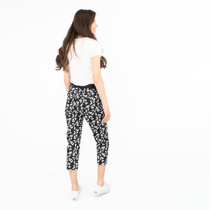 M&S Mia Black Flower Print Slim Leg Tapered Crop Chino Trousers - Quality Brands Outlet