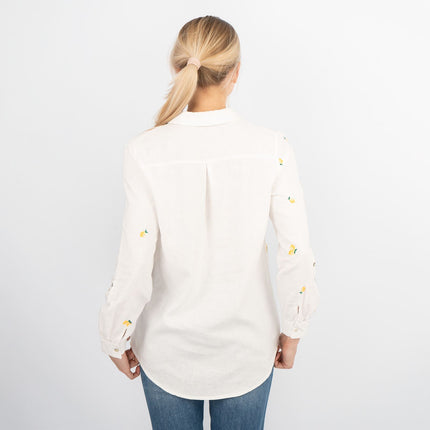 White Lemon Embroidery Linen Rich Long Sleeve Women's Shirts-Quality Brands Outlet-