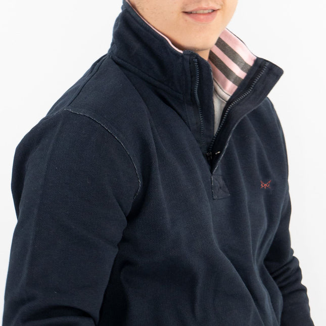 Crew Clothing Mens Navy Distressed Padstow Pique Half Zip Sweatshirt Jumper Tops-Quality Brands Outlet-