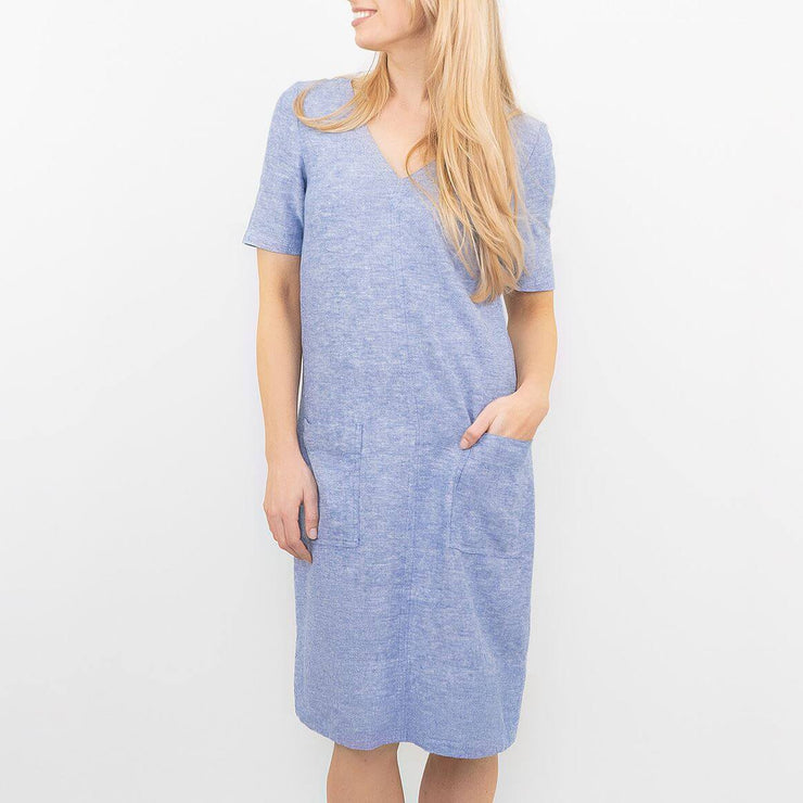M&S Linen Blend Blue Chambray Short Sleeve Shift Dress