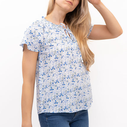M&S Blue Floral Lightweight Textured Blouse Short Sleeve Tie Neck Tops-Quality Brands Outlet-
